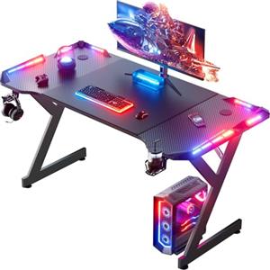 HLONONE 120 x 60cm Scrivania Gaming LED, Tavolo Gaming Ergonomica, Postazione Gamer con Superficie in Fibra di Carbonio, Scrivania per Computer con Porta Tazza e Gancio per Cuffie, Nero
