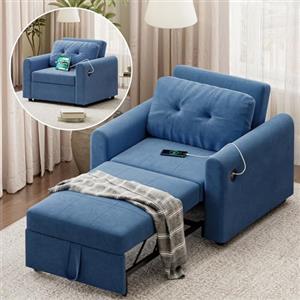 Luxstein Divano Letto 3 in 1 con USB e Porta Type-C, Divano Pieghevole Salvaspazio con Cuscino Morbido, Tasche Laterali, Schienale Reclinabile, Rivestimento in Tessuto Sherpa, 84x190cm, Blu