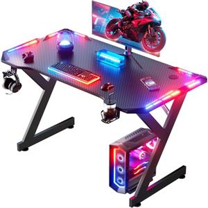HLONONE 100 x 60 cm Scrivania Gaming LED, Tavolo Gaming Ergonomica, Postazione Gamer con Superficie in Fibra di Carbonio, Scrivania per Computer con Porta Tazza e Gancio per Cuffie, Nero