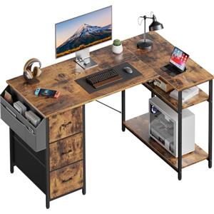 SOLAVERO Scrivania Angolare 120 x 78 cm, Scrivania a L con 3 Cassetti, Tavolo Computer con Borsa Portaoggetti, Ripiani regolabili, per Ufficio, Studio and Soggiorno, Tavolo Gaming Marrone