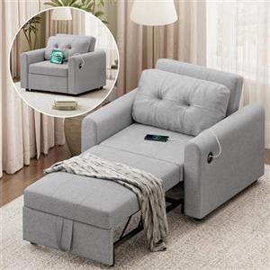 Luxstein Divano Letto 3 in 1 con USB e Porta Type-C, Divano Pieghevole Salvaspazio con Cuscino Morbido, Tasche Laterali, Schienale Reclinabile, Rivestimento in Tessuto Sherpa, 84x190cm, Grigio Chiaro