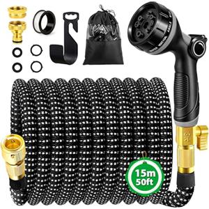 WEVOL Tubo Acqua Giardino 15 Metri, Tubo Estensibile da Giardino con Adattatori da 1/2" e 3/4", Canna Acqua Giardinos con 10 Funzioni Pistola e Gancio per Lrrigazione Giardinaggio Autolavaggio