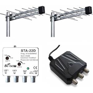 WEB world electronic business Kit antenna TV DVB-T2 completo di 2 Antenne UHF 20 elementi, Amplificatore da palo con filtro LTE e 5G e alimentatore 12V a 2 uscite Ricezione UHF