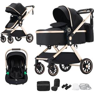 BEBBY Passeggino Trio 3 in 1, Carrozzine Lettini per Bambini e Neonati, Trio Set con Seggiolino, Alluminio Leggero con Piegamento, Funzione Combinata, Adatto da 0-22kg (U9-X-BLACK, U9-X)