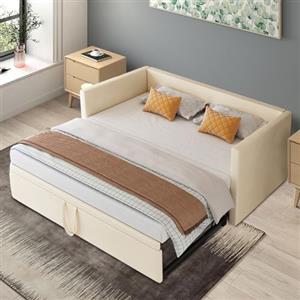 MISNODE Divano Letto Multifunzionale Estensibile 90/180 X 200 cm, Divano Allungabile a 2 Posti con Rete a Doghe, Letto Matrimoniale in Velluto, Beige, Nessun Materasso (Beige, 90/180 x 200 cm)