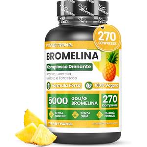 Vitastrong. Bromelina Forte Drenante Vitastrong, Integratore Bromelina 5000 GDU, Vegana, Qualità Premium, 270 Compresse, Formula Complex con Centella Asiatica, Tarassaco e Meliloto, Bromelain Senza Glutine, OGM