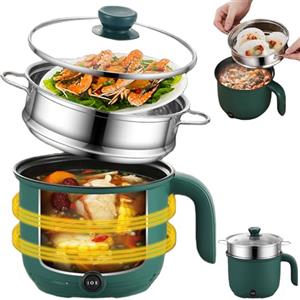 Behogan Hot Pot elettrico con piroscafo, mini portatile antiaderente multicooker, pentola elettrica multiuso padella elettrica elettrica elettrica per bistecca/pasta/zuppa/uovo/avena