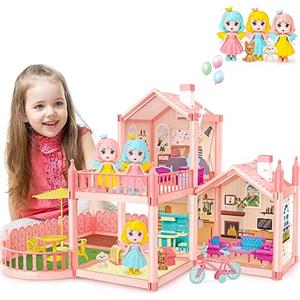deAO Casa delle Bambole con Mobili e Accessori, Casetta Bambole con 2 Piani | 3 Camere da Letto, Balcone, 3 Bambole, 17 Mobili, Biciclette,Regalo per Bambina per 3 4 5 6 7 8 Anni