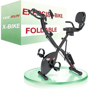 YEE RUN Cyclette da Casa - Cyclette pieghevole, 4 in 1 con schienale - con display LCD, misurazione della frequenza cardiaca, 8 livelli di resistenza magnetica, Portata 120 kg, Altezza del sedile regolabile.