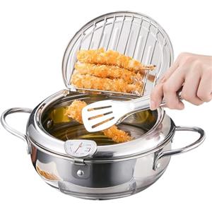 LIZEALUCKY Friggitrice in acciaio inossidabile, friggitrice in stile giapponese Tempura friggitrice con termometro e scolapiatti, compatibile con fornello a induzione(20cm)