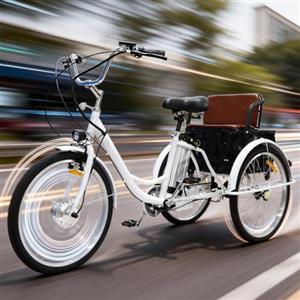 HVEMSHXH Triciclo elettrico per adulti, 24 pollici, con batteria al litio da 36 V 12 Ah e cestino multifunzione sul sedile posteriore, carico massimo 150 kg, pedalata assistita e motore elettrico. (white)