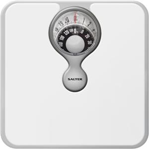Salter Bilancia Meccanica da Bagno - Bilancia Pesa Persona Analogica, Quadrante con Lente d'Ingrandimento, Portata Massima 133 KG, Design Monocromatico, Senza Batterie, Colore Bianco