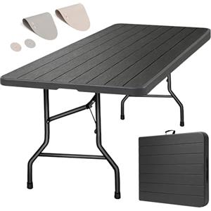 Eiryss Tavolo Pieghevole 180x74cm, Tavolo da Esterno per 8 Persone, Nero con Piano in Plastica Effetto Legno e Struttura in Ferro, 150 kg, 3 Blocchi Sicurezza, Tavolo da Buffet per Giardino Balcone
