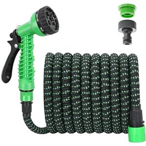 XIBALOM Tubo Giardino Estensibile 15m (50FT), Tubo Irrigazione Espandibile Flessibile Anti Attorcigliamento con Pistola Spruzzo 7 Funzioni, Canna Acqua con Adattatori 1/2" 3/4", per Giardino e Lavaggio Auto