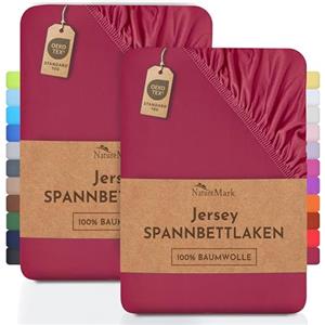 NatureMark Lenzuolo matrimoniale in jersey in confezione da 2 pezzi, lenzuolo matrimoniale 100% cotone QUALITÀ DEL ÖKOTEX Standard 100, 70x140 cm, Rosso bordeaux