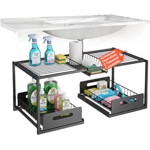 Avilia Organizer Sottolavello Cucina e Carrello Sottolavello, Espandibile 65-73 cm - Scaffale Sottolavello Cucina, Bagno e Lavanderia - Acciaio con 2 Cassetti Estraibili