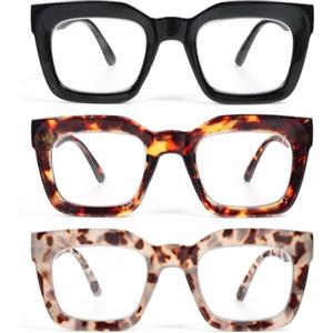 KoKoBin Confezione da 3 occhiali da lettura da donna con montatura spessa, occhiali alla moda con dalla luce blu e cerniera a molla (Nero, leopardata marrone, leopardata grigio, 3.5)