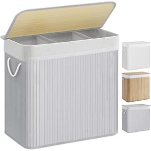 SONGMICS Cesto Portabiancheria, 150 L, Cesta Biancheria a 3 Scomparti in Bambù Coperchio, Maniglie, Pieghevole, Sacco Rimovibile e Lavabile in Lavatrice, Lavanderia, Casa, Bagno, Grigio LCB091G01