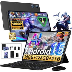 UJJ Tablet 10 Pollici Android 15 Tablet, 30 GB RAM+128 GB ROM (TF 2 TB) 5G WiFi Tablet con Gemini AI, Octa-Core 2.0 GHz/Widevine L1/Face ID/Controllo Parentale/6000 mAh/BT 5.0/FHD, Tastiera+Mouse+Nero