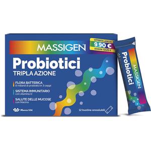 Massigen Probiotici - Integratore Alimentare con 8 Miliardi di Fermenti Lattici e Vitamina D - 12 Stickpack