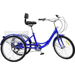 MccoMMon Bicicletta a tre ruote da 24 pollici per adulti, 7 marce, pieghevole, con schienale e cestino per la spesa, 3 ruote, altezza regolabile, City Bike pieghevole, per adulti e anziani, blu