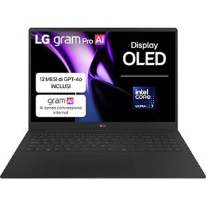 LG gram Pro 16Z90TP, Notebook 16" OLED 2880x1800, Intel Core Ultra 7 (Serie 2) 255H, 16GB RAM, 1TB SSD, Ultraleggero solo 1.2 kg, Batteria 77Wh, Windows 11 Home, Tastiera italiana, Tasto Copilot, Nero