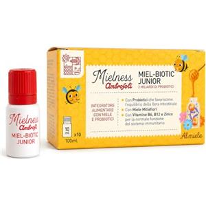 Ambrosoli Mielness Miel-Biotic Junior Integratore Alimentare per Bambini con Miele e Probiotici, Vitamine B6, B12 e Selenio, 3 Miliardi di Fermenti, 10 Flaconcini da 10 ml