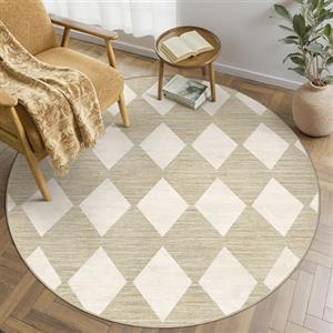 PureCozy Tappeto Rotondo a Quadri 120cm Salotto Beige Camera Da Letto Pelo Corto Lavabile Antiscivolo Morbido Bohemio Tappeto per Cucina Sala Da Pranzo Salotto Ufficio Carpet
