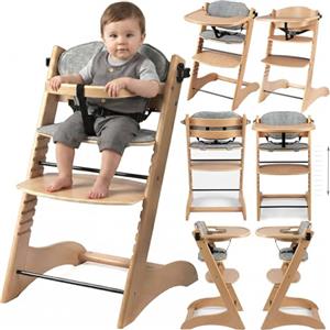 MoLi Seggiolone Evolutivo in Legno Naturale, Seggiolone per Bambini, Seggioloni Pappa Vassoio a Strato, Sedile Regolabile Sediolone (8126 Natural Wood)