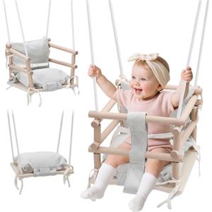 Jaxguom Altalena per Bambini Indoor & Altalena per Bambini Outdoor 3-in-1 in Legno, Regolabile in Altezza (160-260cm) con Cuscino Rimovibile, Per Giardino, Portata 50kg, Da 12 Mesi (Beige Chiaro)
