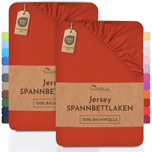 NatureMark Lenzuolo matrimoniale in jersey in confezione da 2 pezzi, lenzuolo matrimoniale 100% cotone QUALITÀ DEL ÖKOTEX Standard 100, 90 x 200 cm - 100 x 200 cm, Rosso ruggine