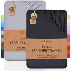 NatureMark Lenzuolo matrimoniale in jersey in confezione da 2 pezzi, lenzuolo matrimoniale 100% cotone QUALITÀ DEL ÖKOTEX Standard 100, 90 x 200 cm - 100 x 200 cm, Nero/Grigio argento