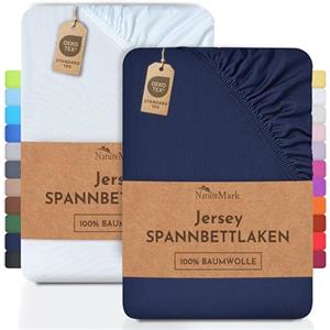 NatureMark Lenzuolo matrimoniale in jersey in confezione da 2 pezzi, lenzuolo matrimoniale 100% cotone QUALITÀ DEL ÖKOTEX Standard 100, 90 x 200 cm - 100 x 200 cm, Blu marino/Bianco