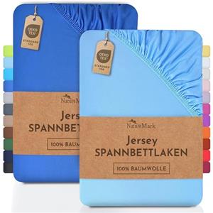 NatureMark Lenzuolo matrimoniale in jersey in confezione da 2 pezzi, lenzuolo matrimoniale 100% cotone QUALITÀ DEL ÖKOTEX Standard 100, 90 x 200 cm - 100 x 200 cm, Azzurro/Blu reale