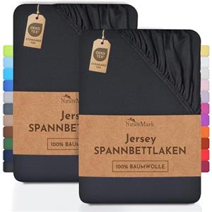 NatureMark Lenzuolo matrimoniale in jersey in confezione da 2 pezzi, lenzuolo matrimoniale 100% cotone QUALITÀ DEL ÖKOTEX Standard 100, 140 x 200 cm - 160 x 200 cm, Nero