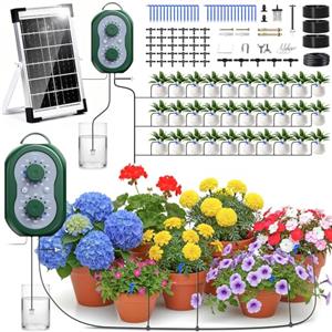 Onherm Kit di Irrigazione Automatica Solar, Innaffiare 30 Piante in Vacanza, Sistemi di Irrigazione Automatico con Timer + Tubo Flessibile da 35M per Giardin, Balcone, Piante in vaso