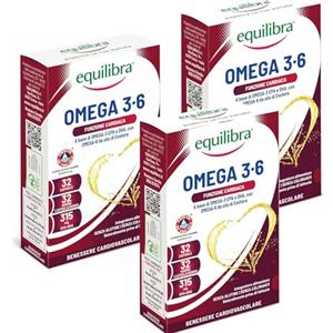 Equilibra Omega 3 6, Integratore Olio di Pesce con EPA e DHA per la Normale Funzione Cardiaca, Cerebrale e Visiva, con Omega 6 da Olio di Enotera e Vitamina E, 3 pezzi da 32 Capsule