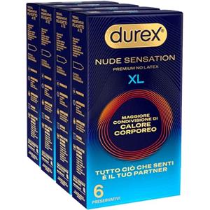 Durex Preservativi Nude Sensation XL Premium No Latex Alta Sensibilità Senza Lattice Anallergici Forma Classica Spessore Ultra Sottile Plus con Vestibilità Ampia - 24 Profilattici