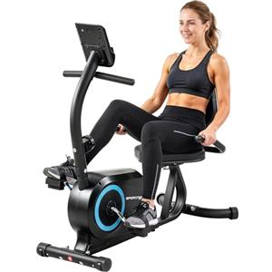 SPORTNOW Cyclette da Casa Orizzontale con 8 Livelli di Resistenza Magnetica, Cyclette Recumbent con Bluetooth App, Schermo LCD, Frequenza Cardiaca, Sedile Regolabile, Ruote, Allenamento Casa Anziani