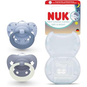NUK First Choice Classic Day & Night Succhietto per Bambini | 0-6 Mesi | Succhietti Ortodontici che si Illuminano al Buio | Accettati dal 95% dei Bambini** | Blu | Confezione da 2
