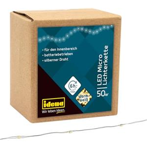 Idena 31825 - Micro catena luminosa a LED con 50 LED in bianco caldo, con funzione timer 6 ore, a batteria, lunga circa 5,2 m, per feste, Natale, decorazione, matrimonio, come luce d'atmosfera