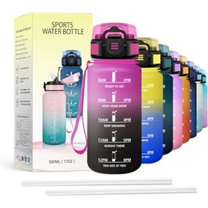 JAPORIA Borraccia 500ml, Bottiglia Idratazione con Cannuccia, Indicatore Tempo, Antigoccia, Riutilizzabile, per Ciclismo, Escursionismo, Lavoro