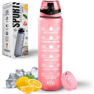 Roe Tenpo Borraccia sportiva da 1 l, con tacche orarie, senza BPA, a prova di perdite, perfetta per corsa, ciclismo, palestra, yoga, campeggio e attività all'aperto, colore rosa