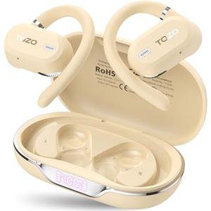 TOZO OpenWear Cuffie Bluetooth con ENC Chiamate, 14.2mm Driver 38 Ore, LED Schermo, Bassi Potenti, 5 EQ Modalità, Doppio Cardine Ultra Confort, Gancio Rotazione, Ricarica Rapida USB Tipo C, Khaki