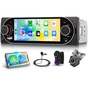 Rimoody Autoradio 1 Din con Wireless Carplay Android Auto iOS/Android Mirror Link, 5.1 Pollici Touchscreen Autoradio con Bluetooth 5.2 FM Radio USB/AUX/EQ Comandi al Volante Telecamera Posteriore