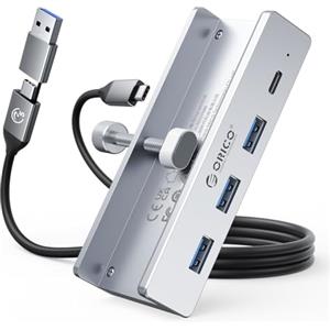 ORICO Hub USB, USB Hub 3.0 in Alluminio con Connettore di Alimentazione da 5 V, 5 Gbps a 4 Porte Hub USB C con 3 USB A 3.0 e 1 USB C 3.0, Cavo da 100 cm (da C a A/C), per Monitor, Scrivanie