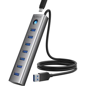 ORICO Hub USB 3.0, Hub USB 5Gbps in Alluminio 7 Porte, Cavo Lungo 100CM con Porta di Alimentazione 5V/3A Type-C, Adattatore USB 3.0 Multipla Compatibile con MacBook, PS4, Surface Pro, HP