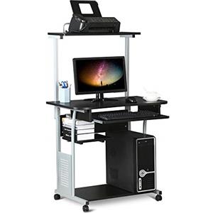 Yaheetech Scrivania per PC da Ufficio Tavolo Porta Computer con Stampante Ruote Tavolo Salvaspazio Mobile con Ripiani Tastiera Scorrevole Scrittoio da Studio Nera 80 x 50 x 132 cm