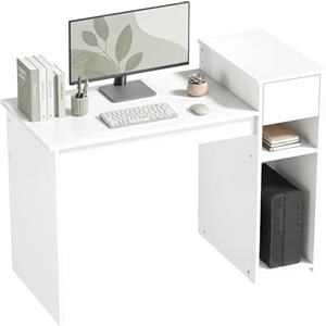 HOMCOM Scrivania Salvaspazio Moderna con Cassetto e Spazio per PC Tower, Scrivania con Scaffale in Legno, Tavolo Porta PC per Computer, per Ufficio, Studio e Camera da Letto, 108x50x82cm, Bianco