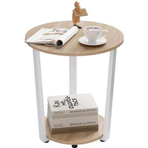 WOLTU Tavolino da salotto Rotondo, Tavolino Divano a 2 Ripiani, Tavolo da Caffè per Soggiorno, Balcone, Camera da Letto, in Truciolare e Metallo, Rovere Chiaro, BTS13hei